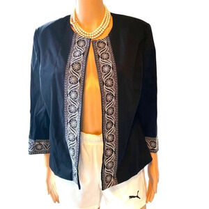 Jones New York Black White Lace Trim Career Wear Open Blazer Jacket Women Sz14
